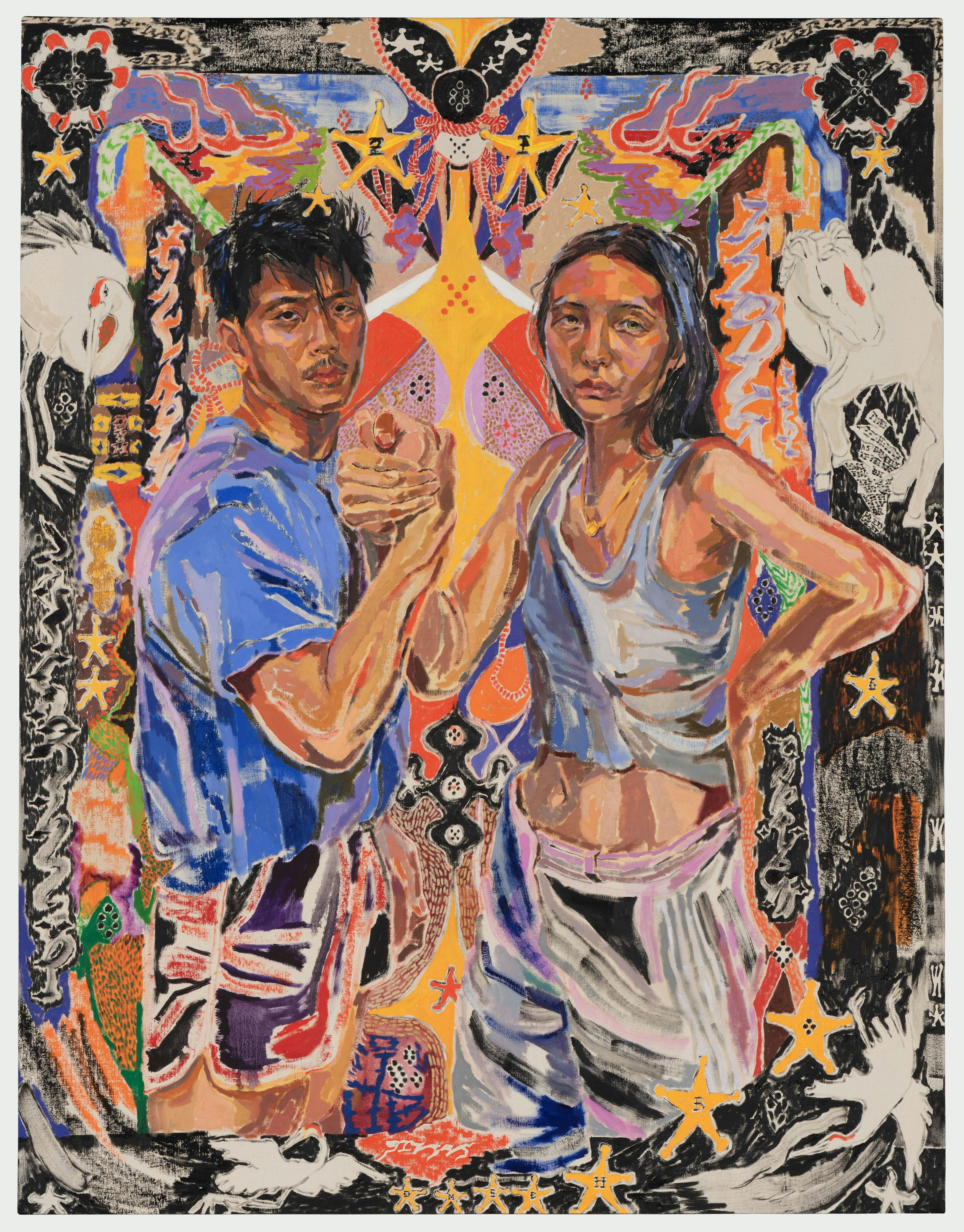 Oscar yi Hou (born Liverpool, UK, 1998). 'The Arm Wrestle of Chip & Spike; aka: Star-Makers,' 2020. Oil on canvas, 55 1⁄2" × 43". Brooklyn Museum; Purchase gift of Scott Rofey and Olivia Song, 2021. 45. © Oscar yi Hou. Photography by Jason Mandella, courtesy of James Fuentes LLC.
