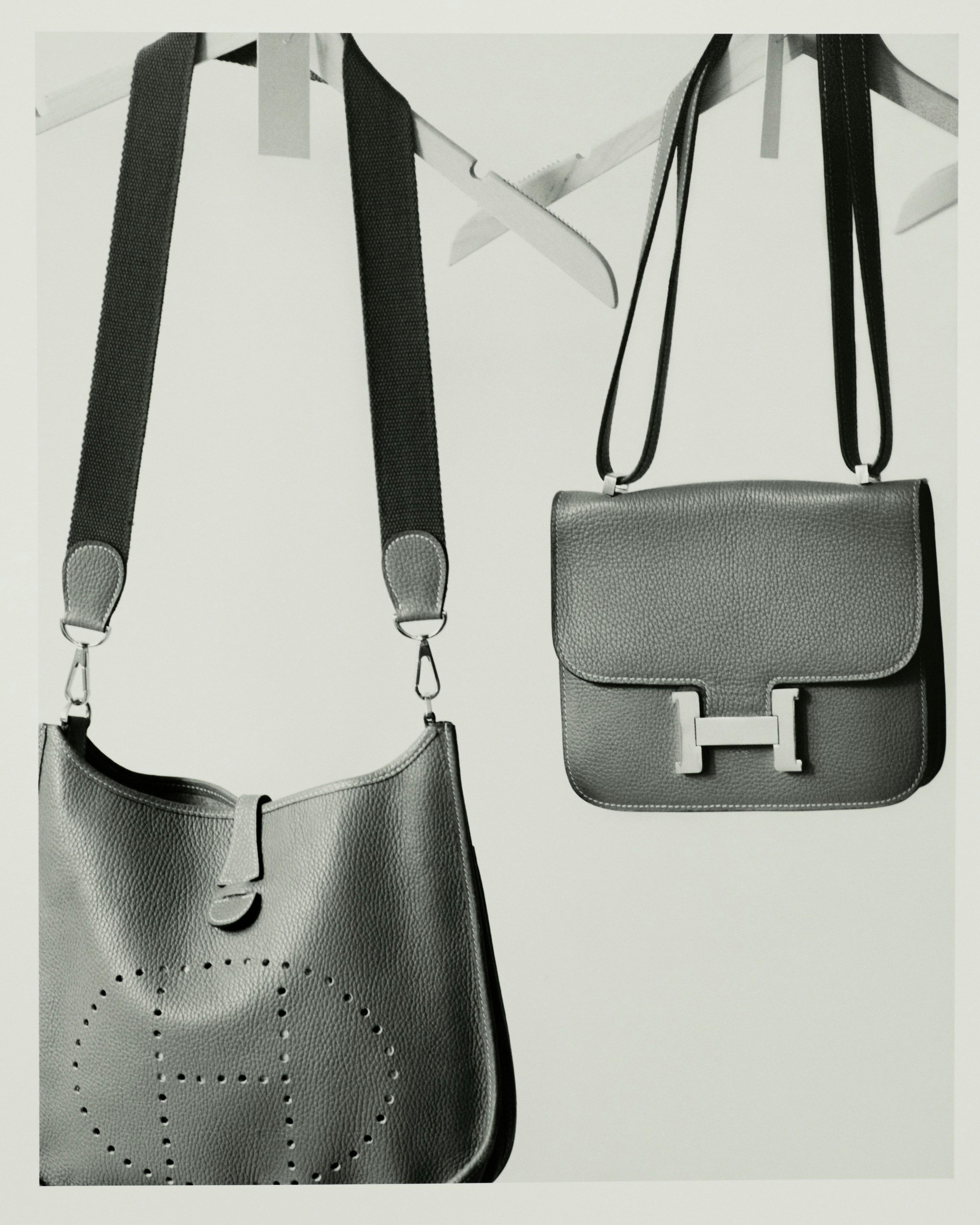 Vintage bags by Hermès from the Albright Fashion Library. The Evelyne bag, at left, was first presented in 1978 and is designed to carry equestrian grooming equipment. The Constance, introduced in the Fifties, gained popularity through its association with Jacqueline Kennedy Onassis and is now a staple of the house.