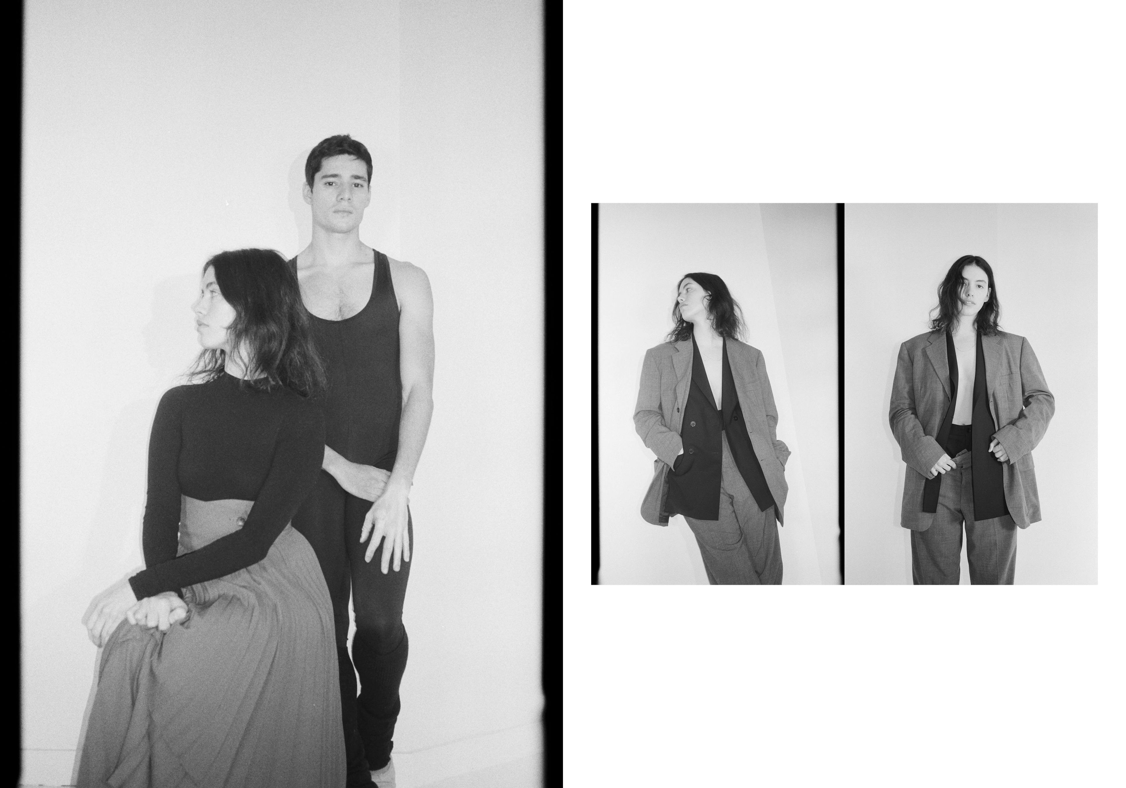 Left: Della Costa wears top by Commando. Skirt by Simonett. Right: Vintage jacket and pants by Prada. Jacket and pants, worn underneath, by Theory.