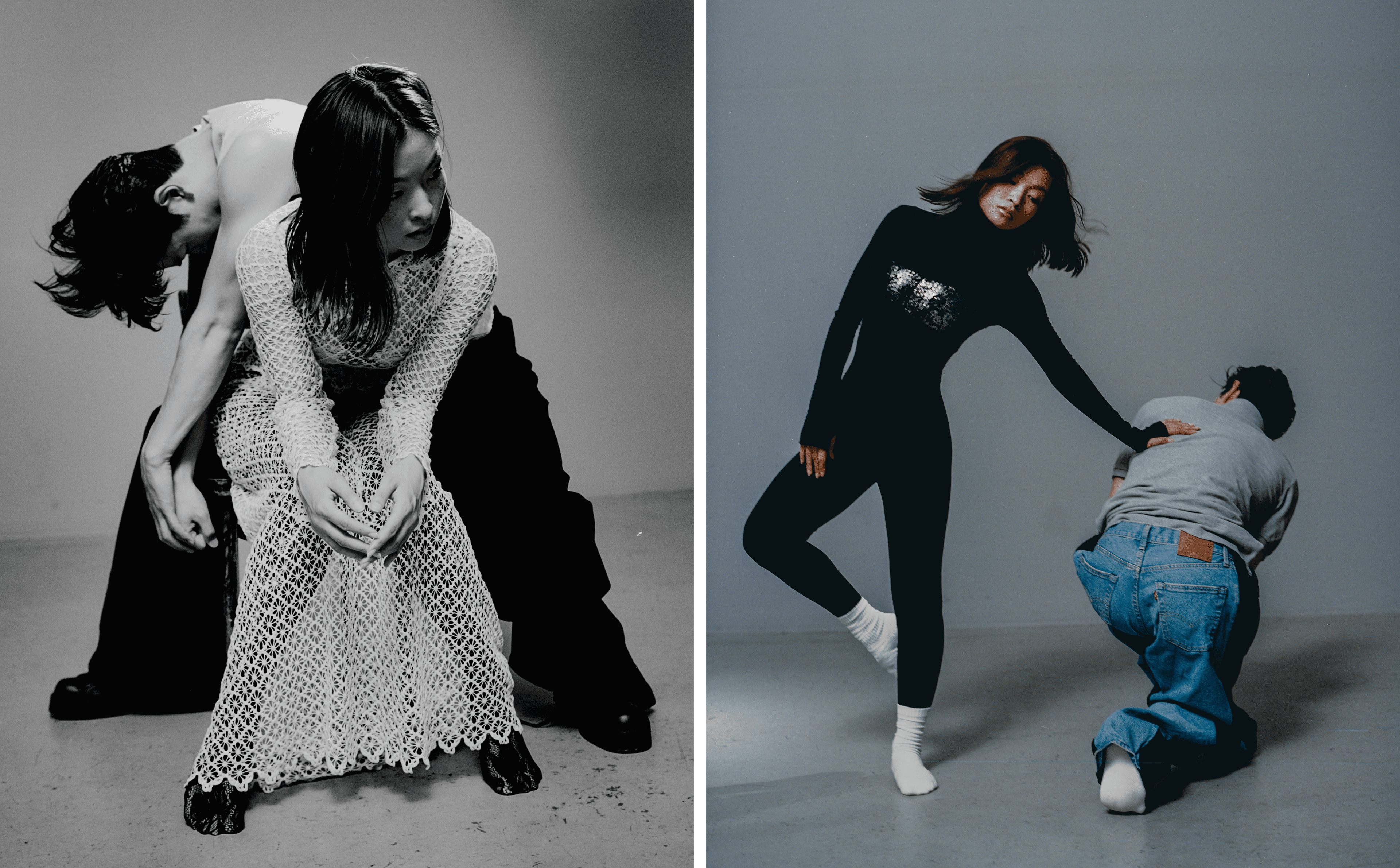 LEFT—Maia wears DRESS and TIGHTS by Isabel Marant. BRA by Araks. Alex wears TOP by Malcolm D. Costa. PANTS by Coach. SHOES by Yohji Yamamoto. RIGHT—Maia wears CATSUIT by Norma Kamali. BRA by Malcolm D. Costa. Alex wears TOP by Polo Ralph Lauren. PANTS by Bless.