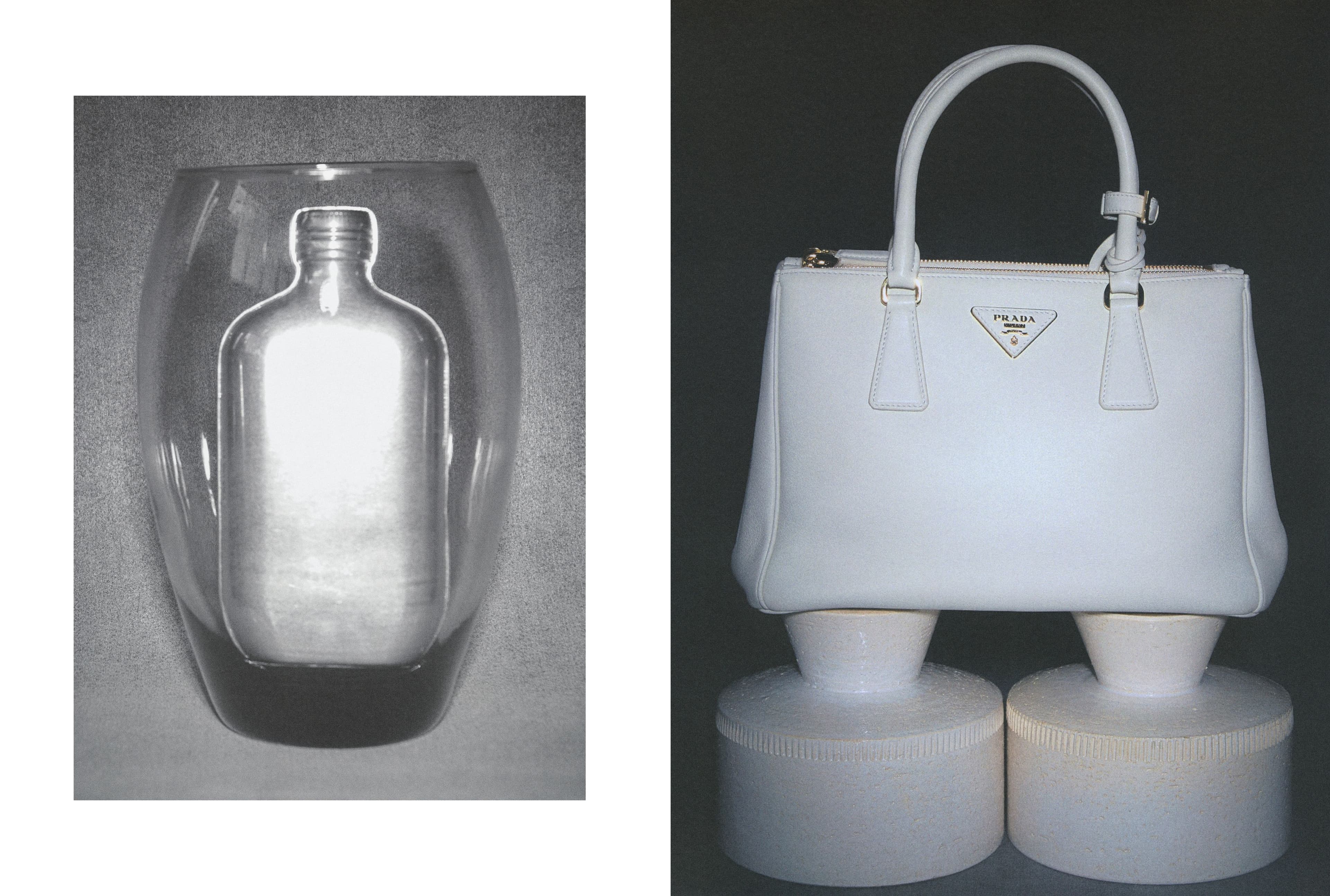 LEFT—BAG by Calvin Klein Collection; VASE from Appartement Témoin. RIGHT—BAG by Prada; SCULPTURES from Appartement Témoin.