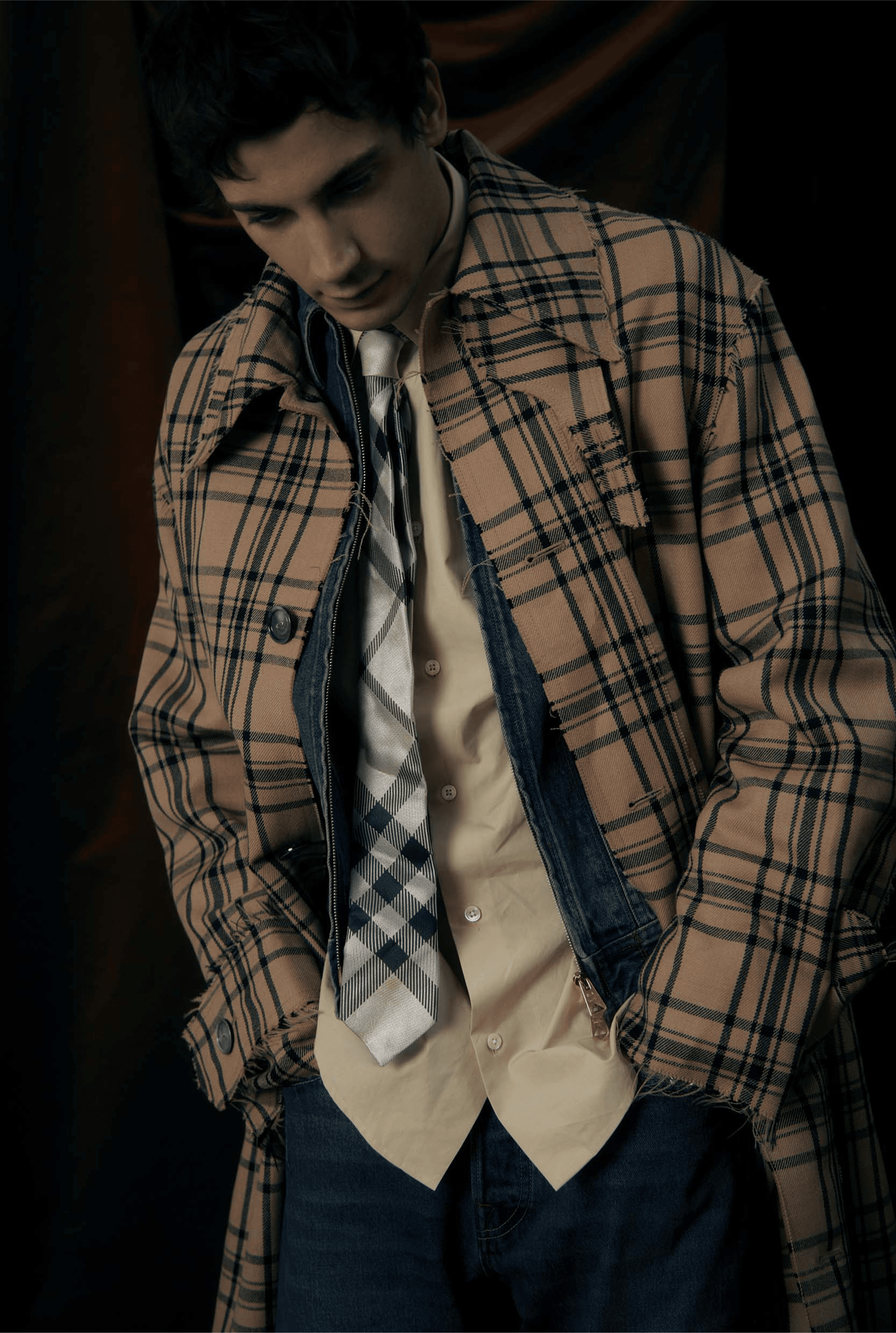 COAT by ,AMI Paris,. JACKET and JEANS by ,Paul Smith,. SHIRT by ,Hermès,. TIE by ,Burberry,.