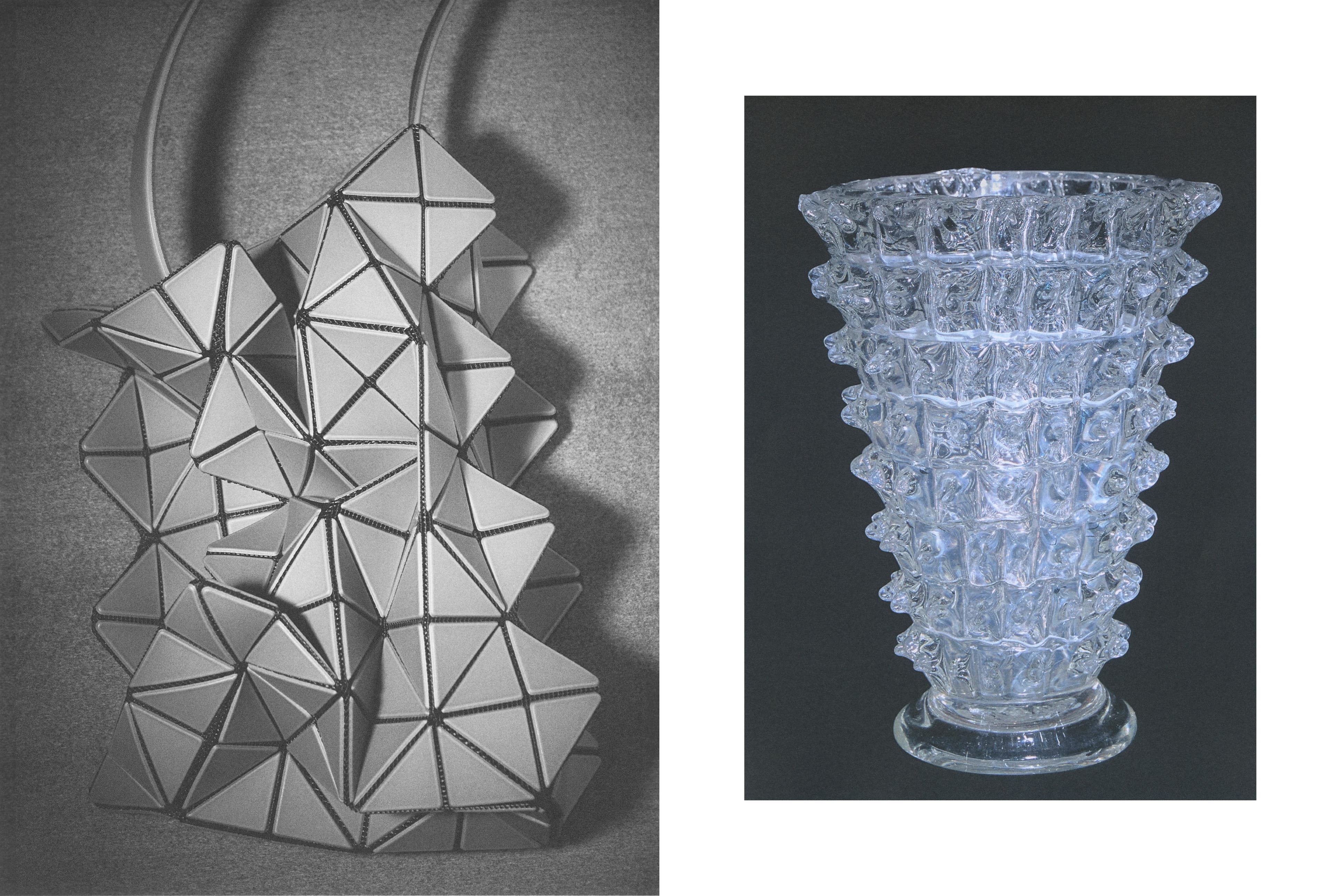 LEFT—BAG by Bao Bao Issey Miyake. RIGHT—VASE from Appartement Témoin.