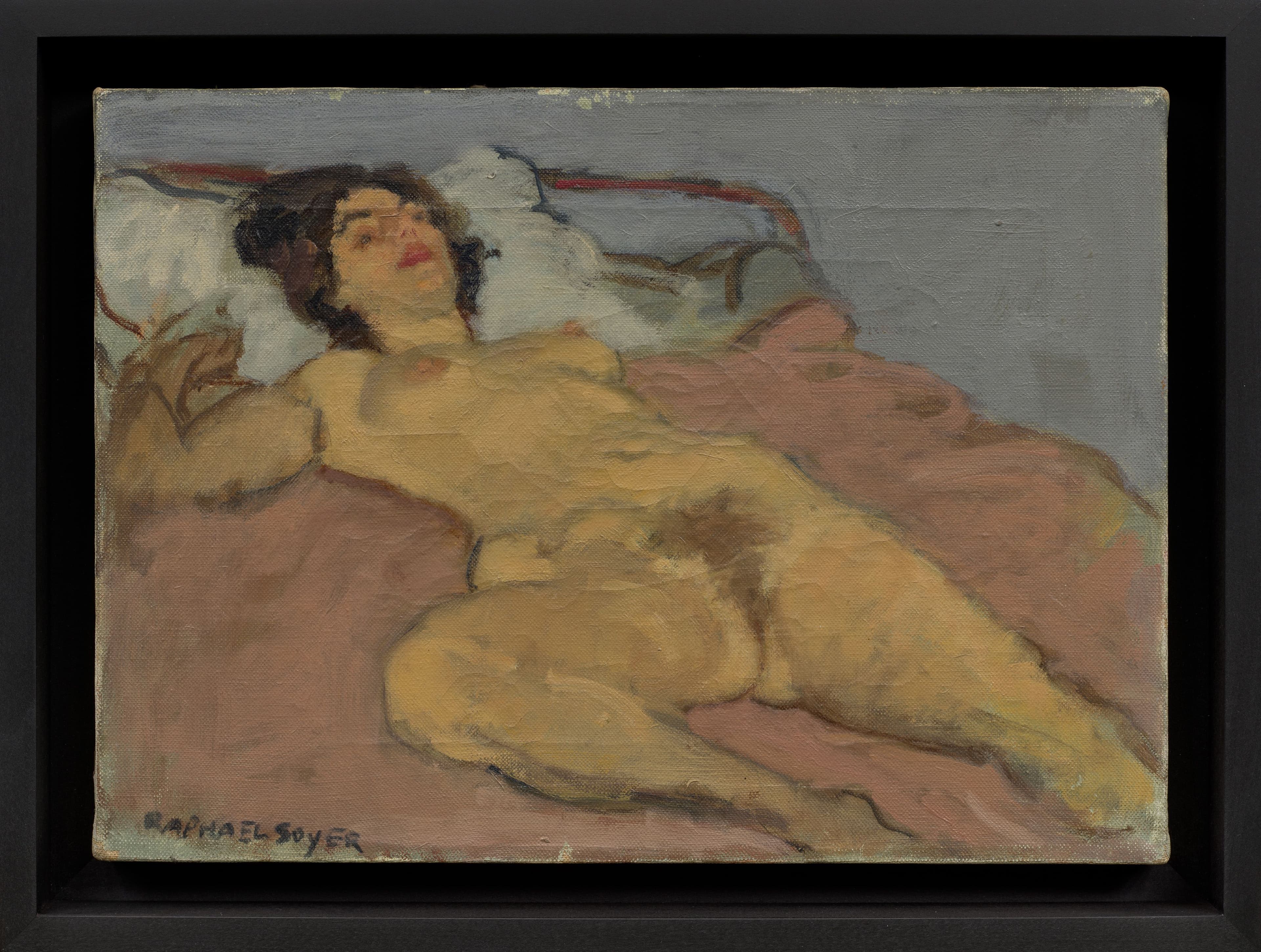 Raphael Soyer. ’Nude Reclining in Bed,’ 1945. Oil on linen, 14“ × 10“ (35.6 cm × 25.4 cm).