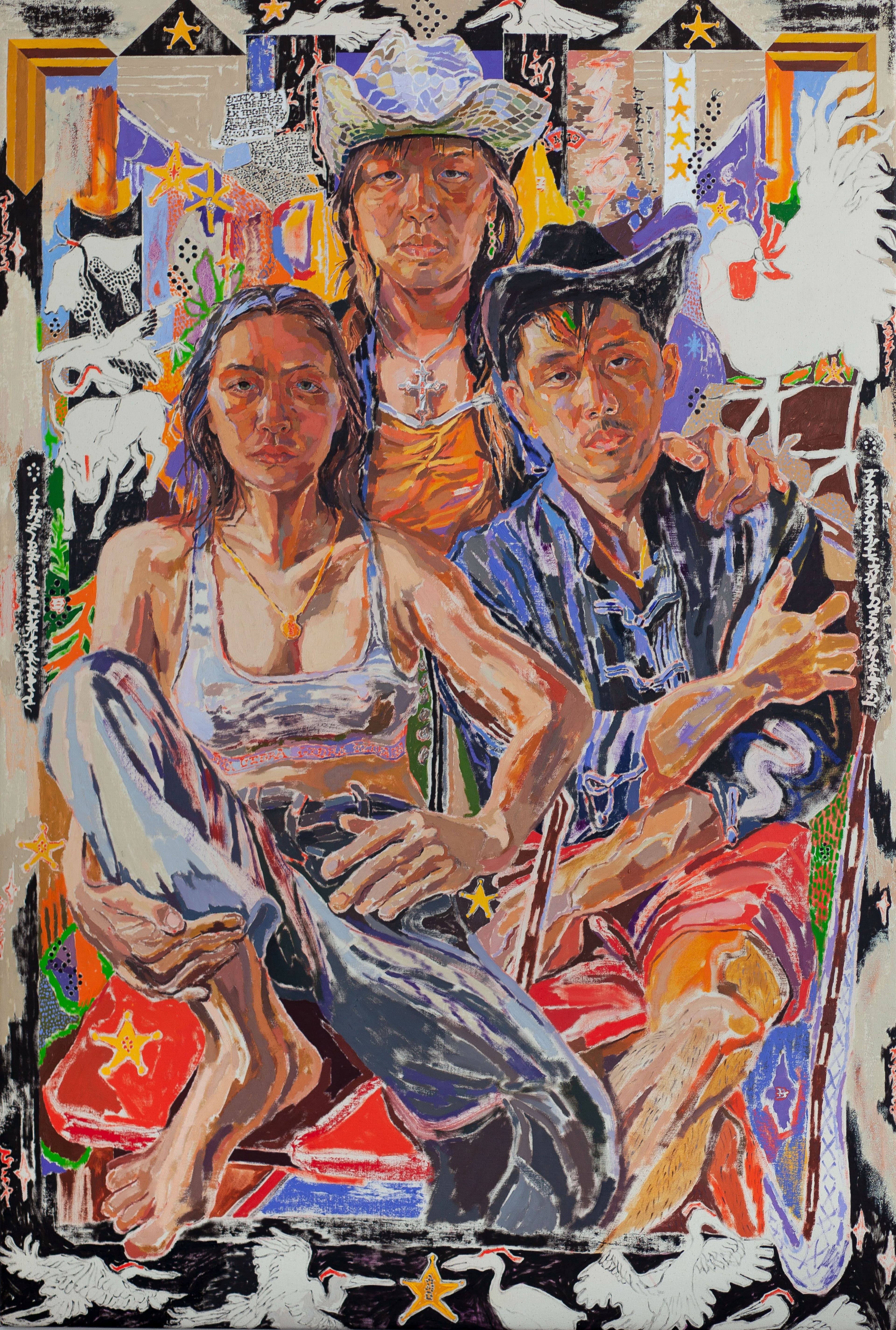 Oscar yi Hou (born Liverpool, UK, 1998). ’birds of a feather flock together, aka: A New Family Portrait,’ 2020. Oil on canvas, 61“ × 43“. Courtesy of Carl Freedman Gallery. © Oscar yi Hou. Photography by Oscar yi Hou.