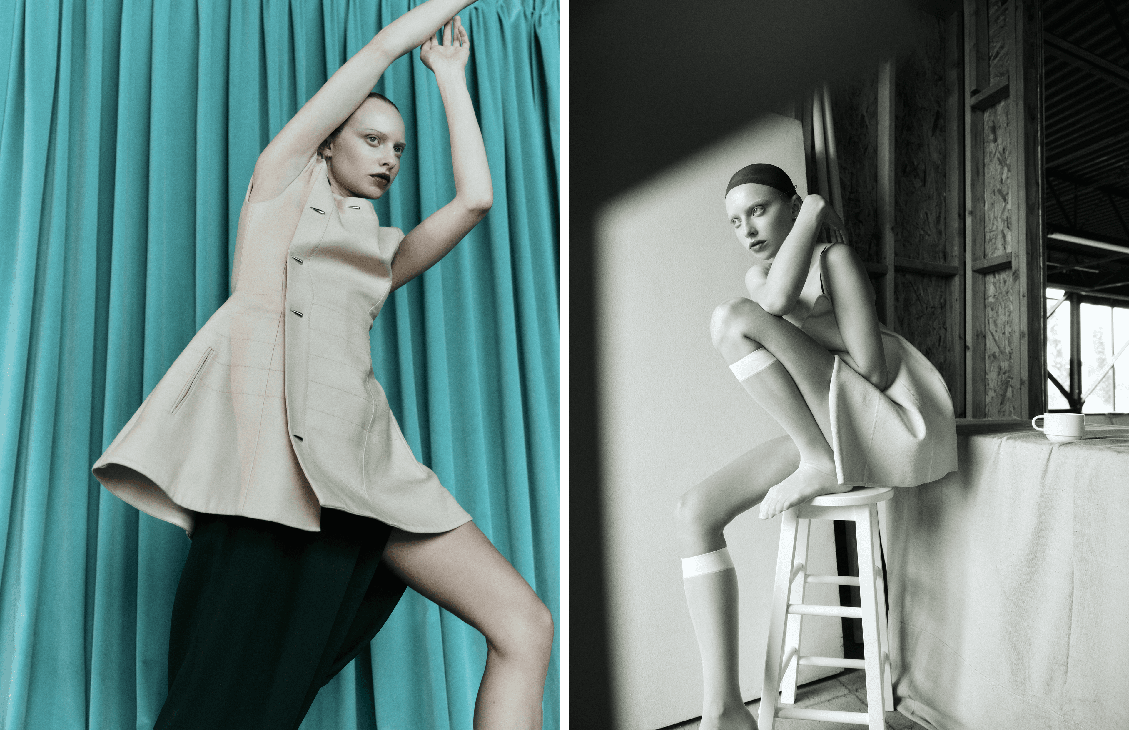 LEFT: All CLOTHING by ,Louis Vuitton. ,RIGHT: DRESS by ,Dodiee.