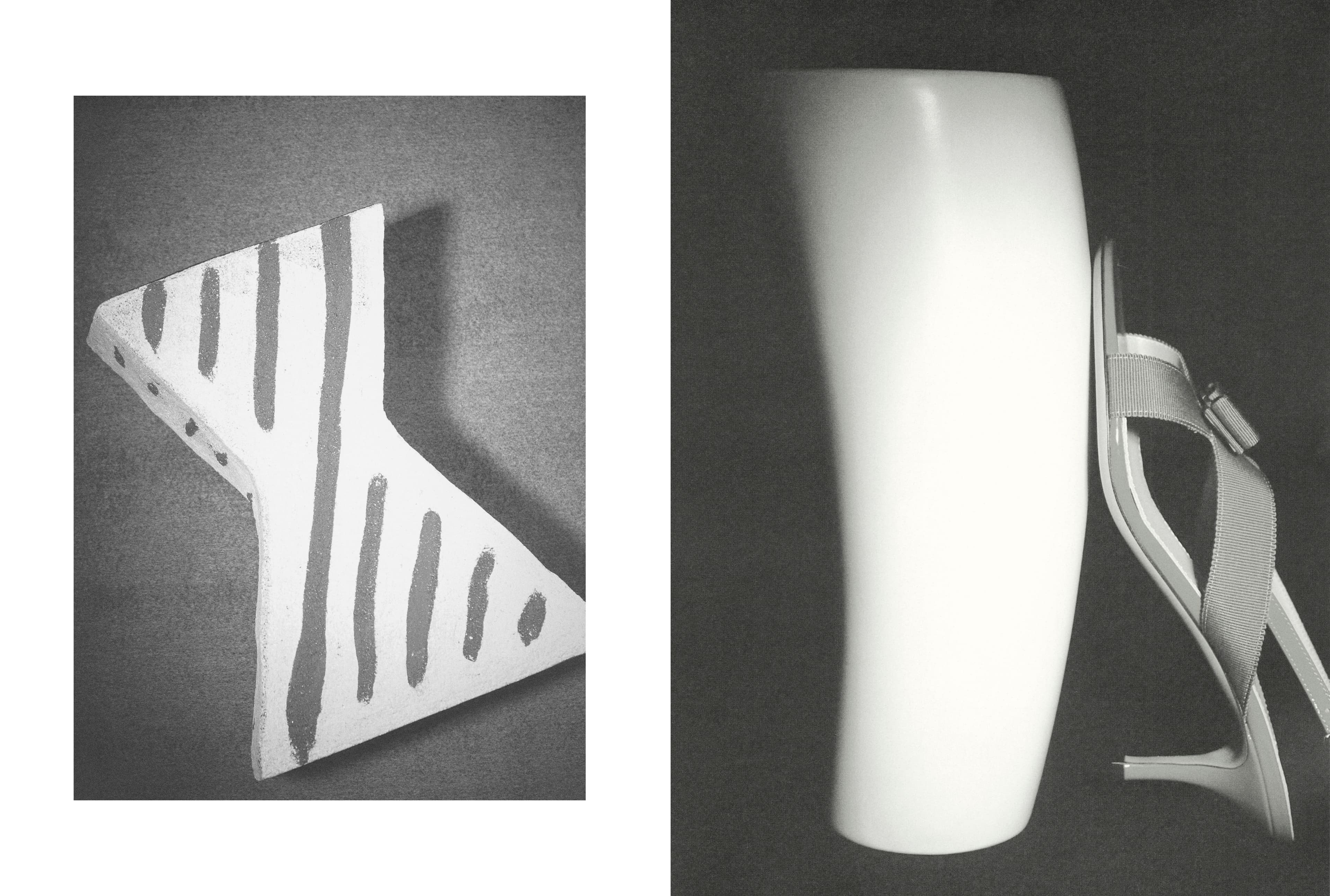 LEFT—SCULPTURE from Appartement Témoin. RIGHT—SHOE by Ferragamo; VASE from Appartement Témoin.