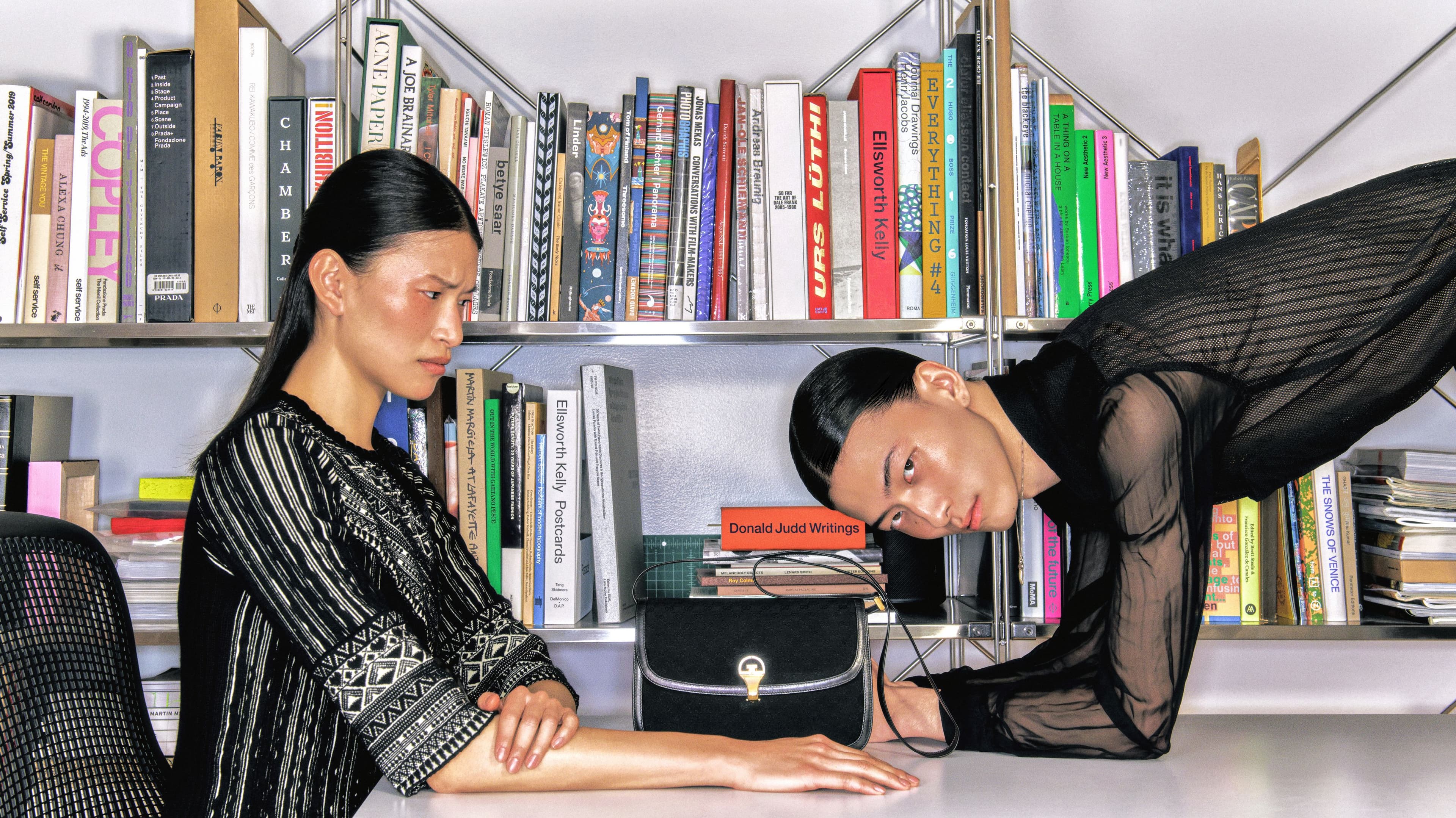 From left, Wu wears vintage TOP by ,Jean Paul Gaultier., Vintage BAG by ,Gucci,, late 1990s. Maruno wears vintage TOP by ,Comme des Garçons.