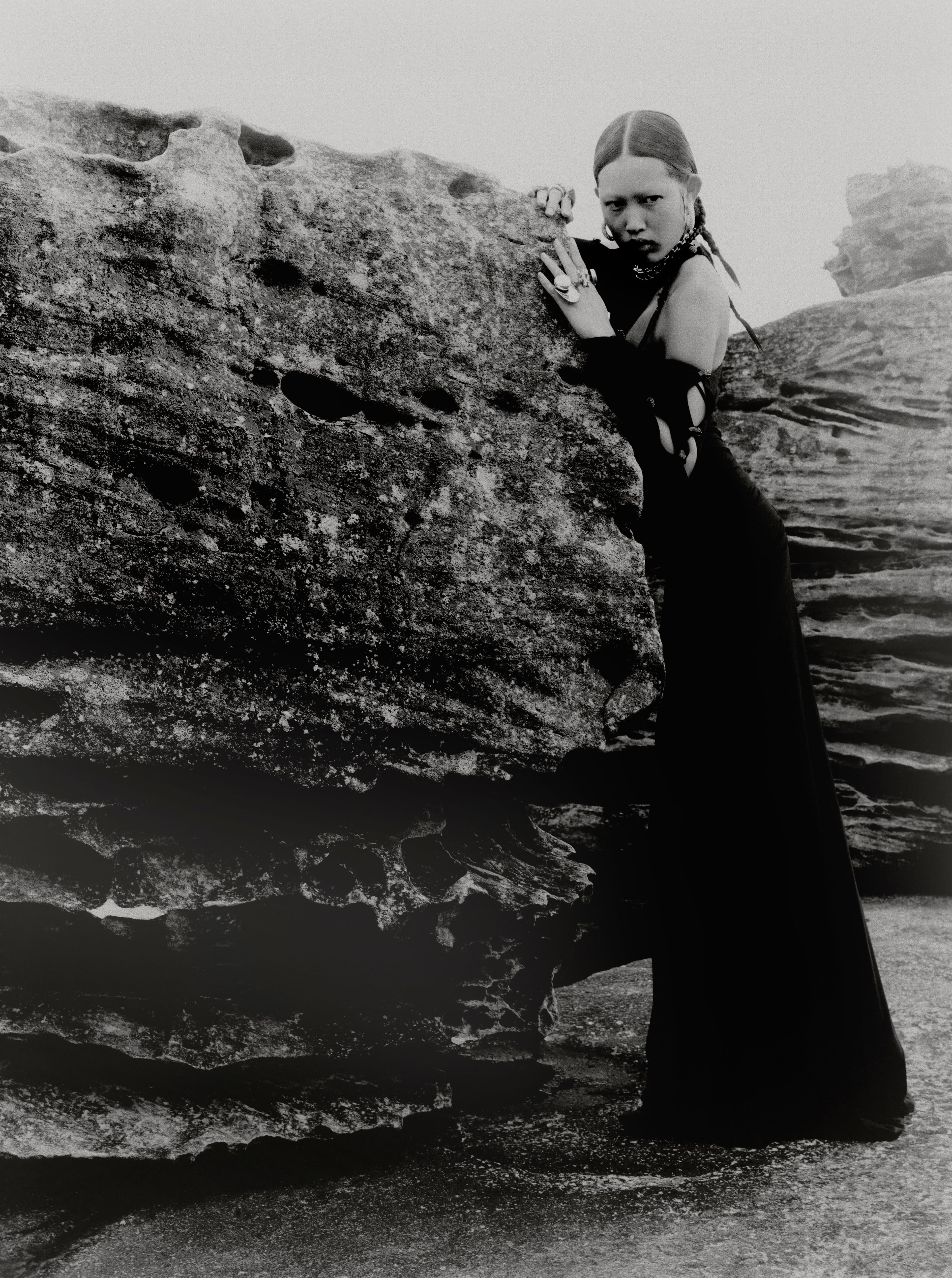 Dress by Common Hours. Earrings and necklace by Dinosaur Designs. Rings, from left to right, by Dinosaur Designs, Uuli’s Unique & Unusual Vintage, and Dinosaur Designs.