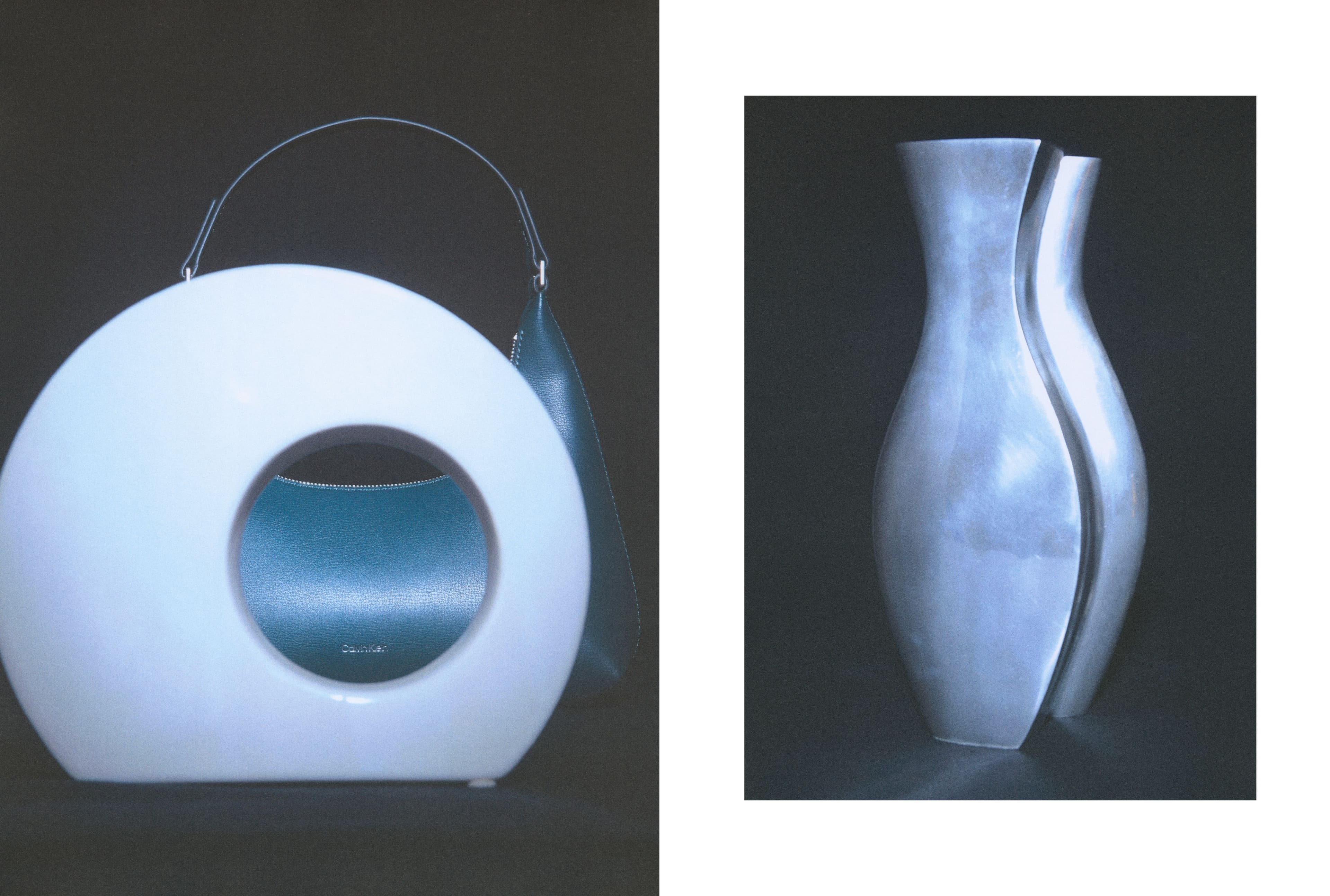 LEFT—BAG by Calvin Klein; VASE from Treaptyque. RIGHT—VASE from Treaptyque.