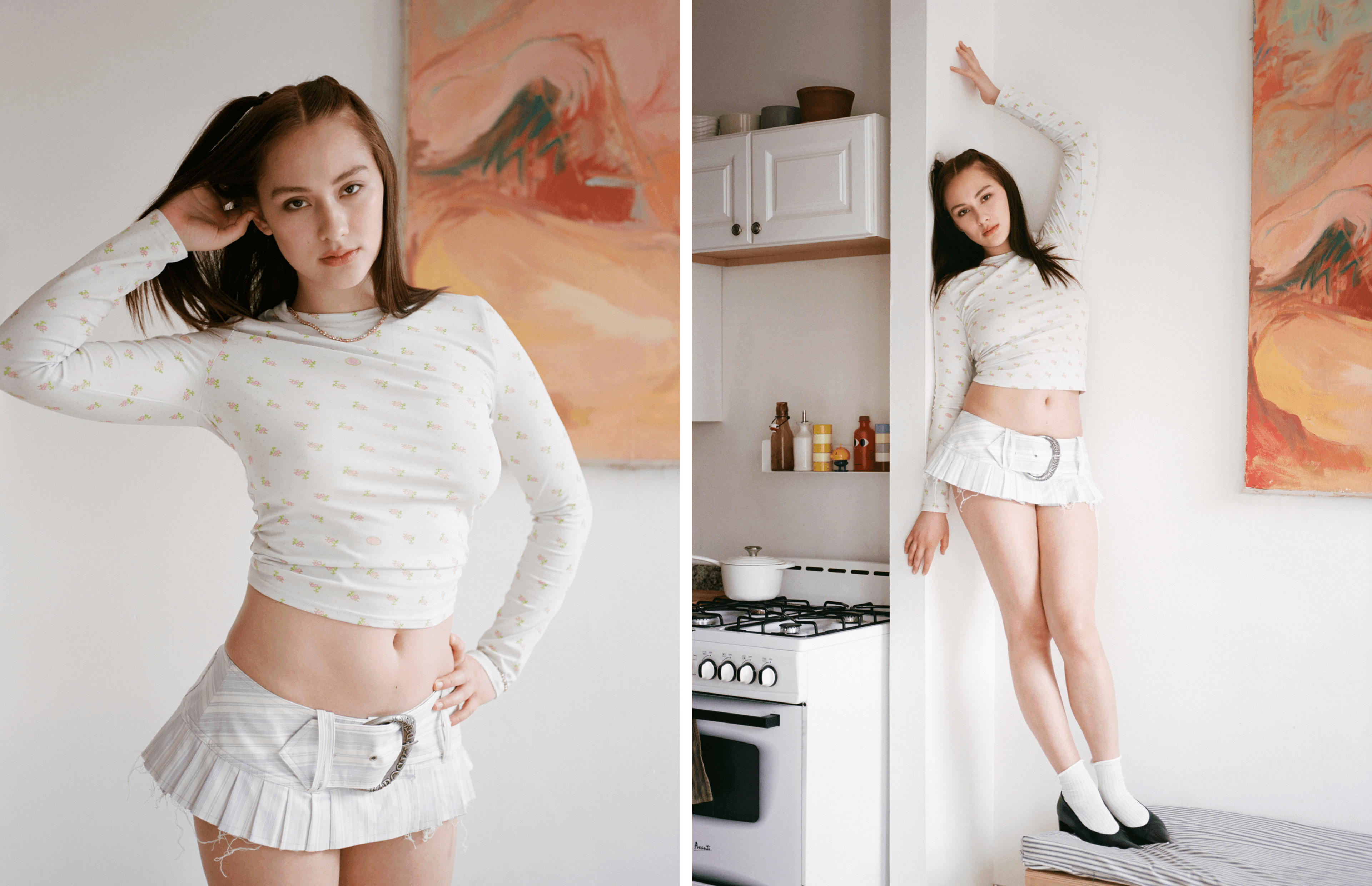 TOP by ,Sandy Liang., BELT, worn as SKIRT, by ,Maroske Peech, from Café Forgot., ,All, ,JEWELRY throughout by ,Bucherer,. SOCKS by ,Hansel from Basel,. SHOES by ,Flattered,.