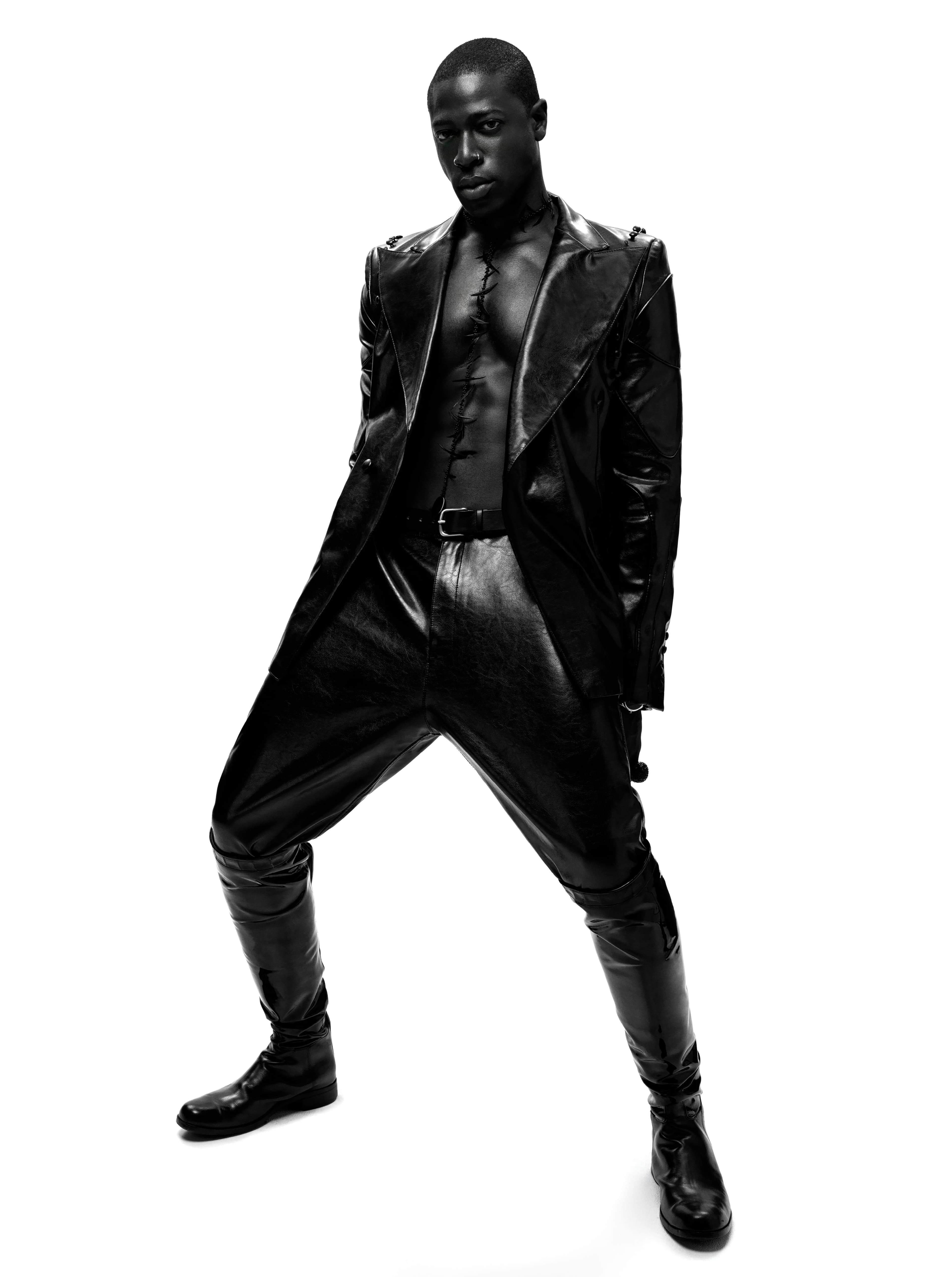 JACKET and PANTS by ,Luar,. BELT by ,Maximum Henry. ,BOOTS by, Der-Dau,. NECKLACE by ,Heather Huey,.