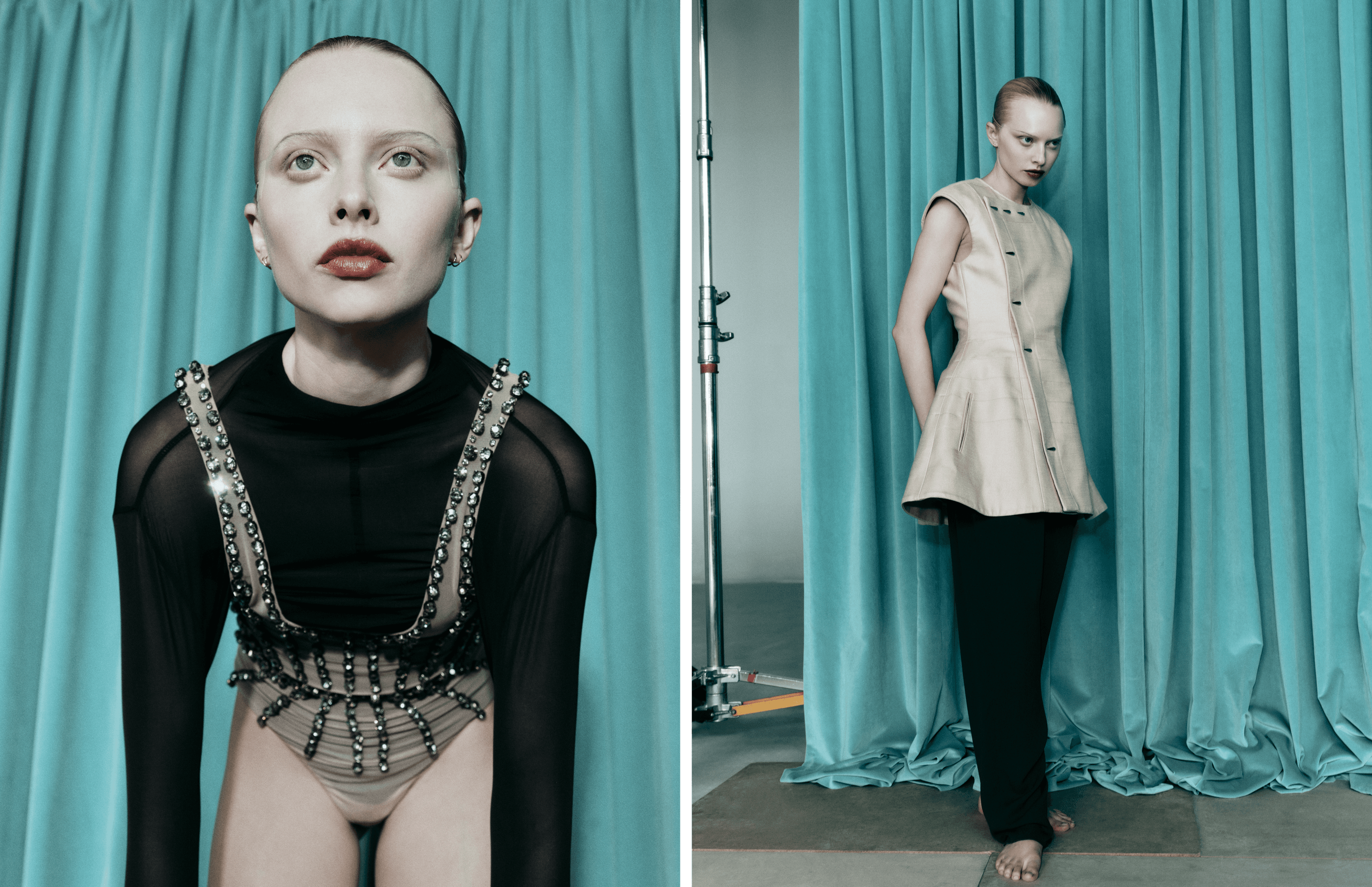 LEFT: TOP, stylist’s own,., BODYSUIT by ,Isabel Marant. ,All, ,EARRINGS throughout, talent’s own. RIGHT: All CLOTHING by ,Louis Vuitton.